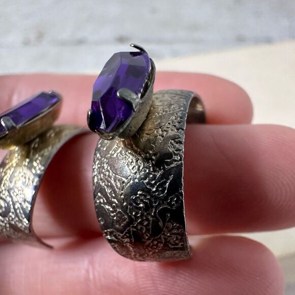 Vintage Filigree Etched Metal Earrings With Purple Accent - Picture 2 of 5